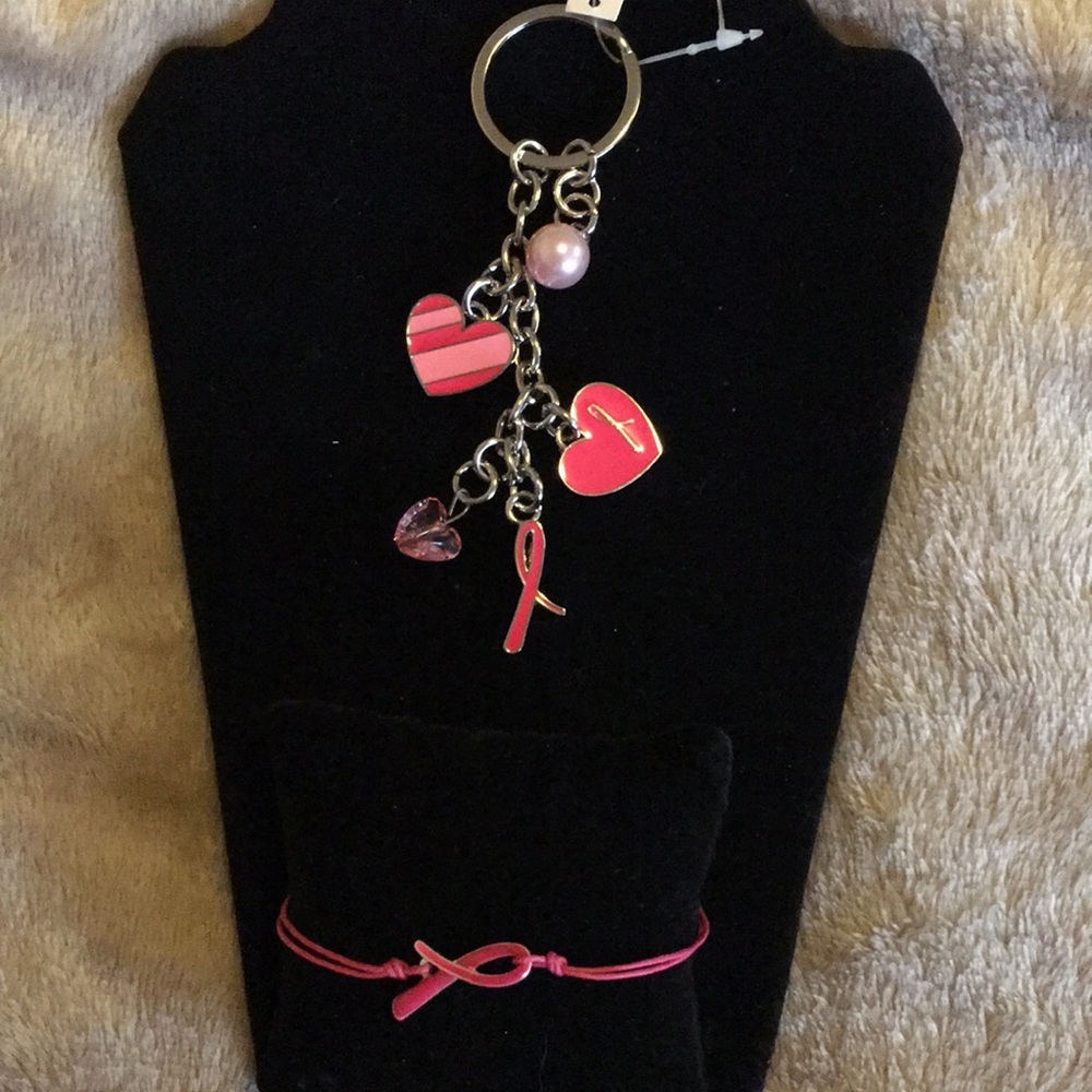 Avon BC Crusade Keychain With Charms and  Crusade Ribbon Cord Bracelet